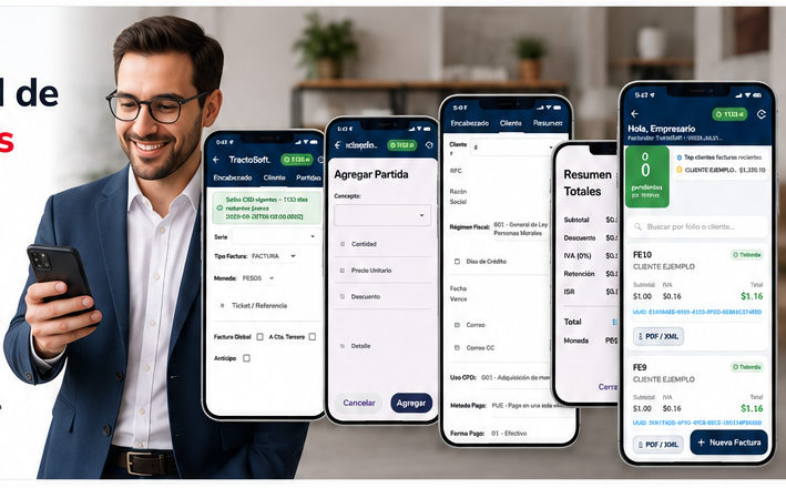 Ejecutivo emprendedor usando FacturadorTs en su celular