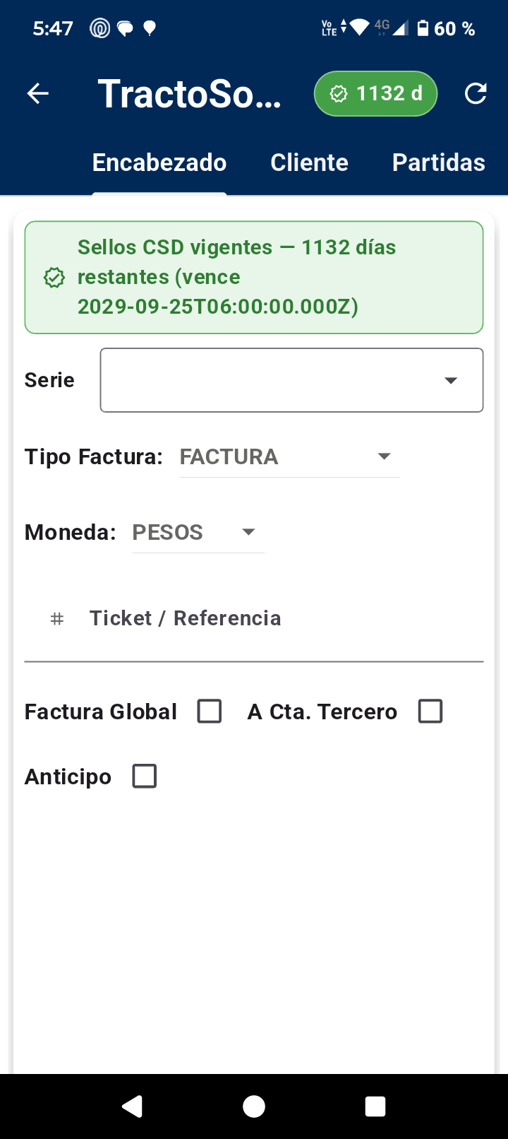 Pantalla encabezado de factura